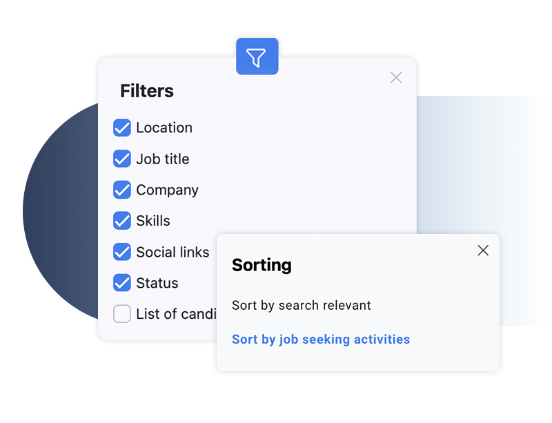 List of talent intelligence filter options: location, title, skills, company, social links and status