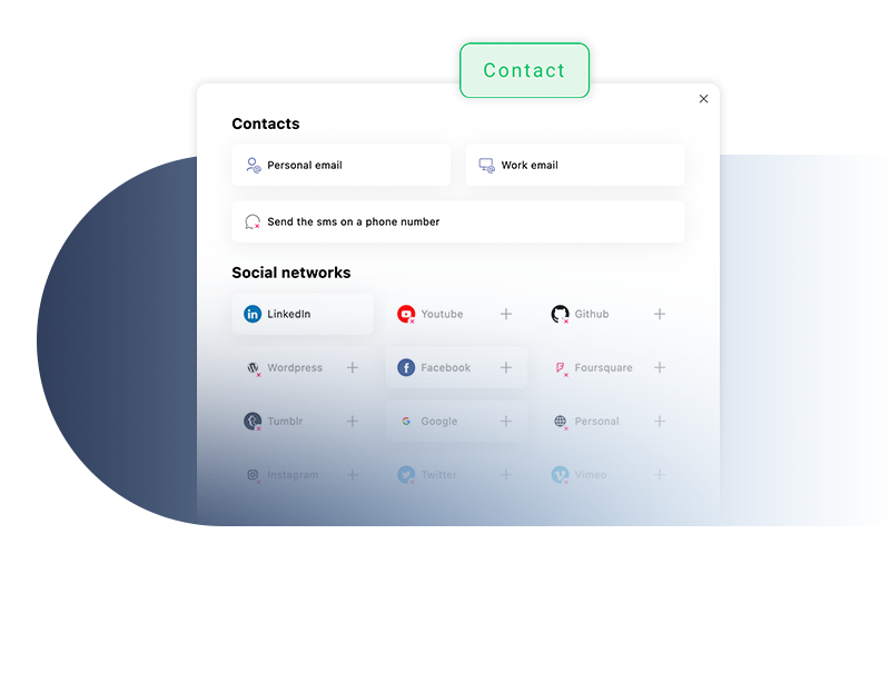 Role-based contacts dashboard with options to enter various social networks Role-based contacts dashboard with options to enter various social networks