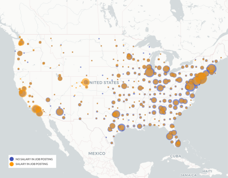 Map of US showing number of job postings with salary data