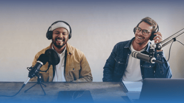 Cheerful content creators co-hosting an internet podcast.